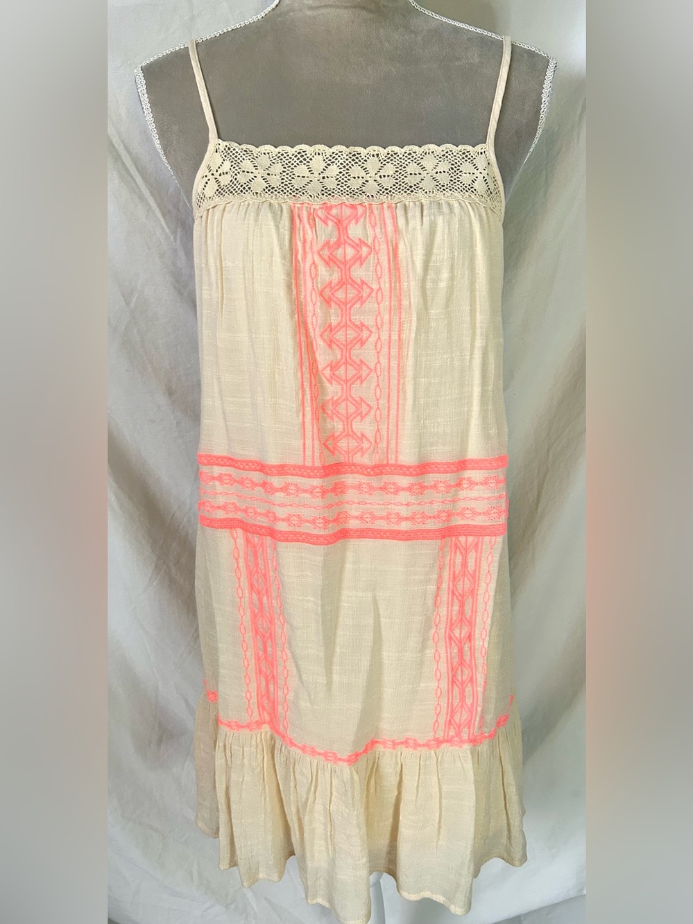Flying Tomato Cream, Neon Orange Embroidered Gauzy Boho Dress, Size S